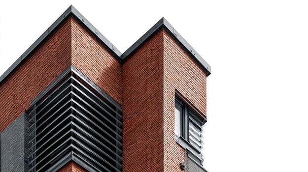 Modern Architecture Red Brick Building Corner with Geometric Design and Isolated White Background, Suitable for Compositing photo