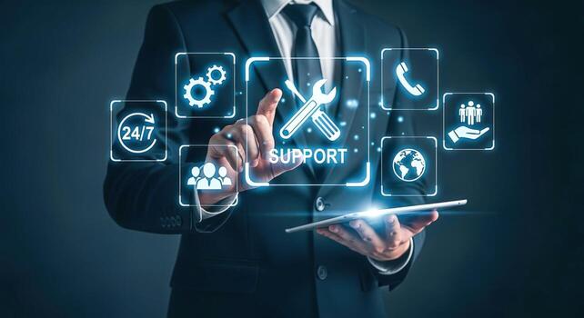 Digital Support Services Businessman Navigating Online Assistance Tools on Tablet for Enhanced Customer Experience photo