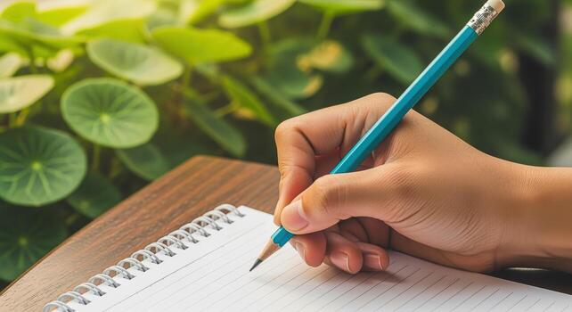 Creative Hand Writing in Notebook with Pencil, Student Learning, Education Concept photo