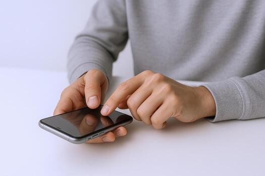 Person Using Smartphone for Communication, Browsing, and Mobile App Engagement on White Background photo
