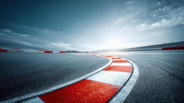 Dramatic Low Angle View of a Racetrack with Motion Blur and Striking Red and White Curbing photo
