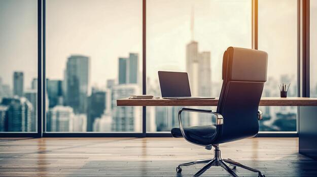 Modern Office Interior with City View and Desk Setup, Executive Workspace Environment for Business photo