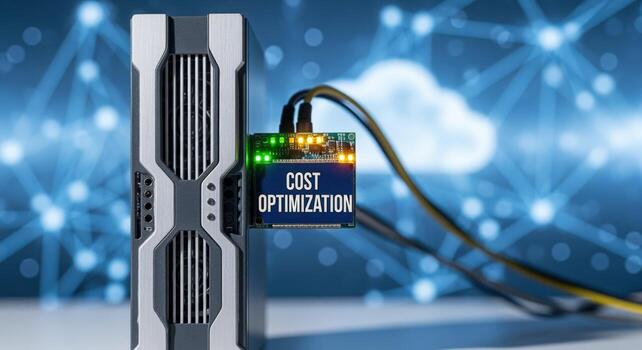 Cloud Cost Optimization Concept Server Connected to Cloud with Cost Optimization Message photo