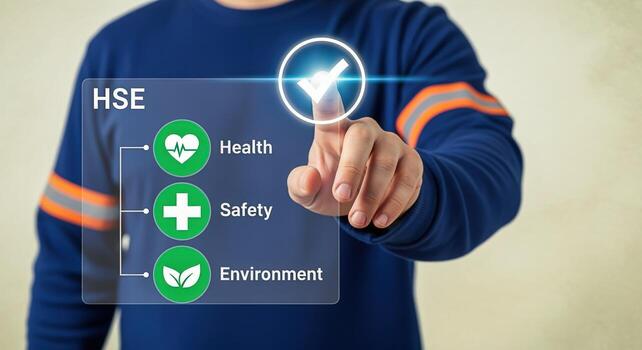 Worker Interacting with Health Safety Environment Digital Interface, Representing Workplace Safety and Compliance photo