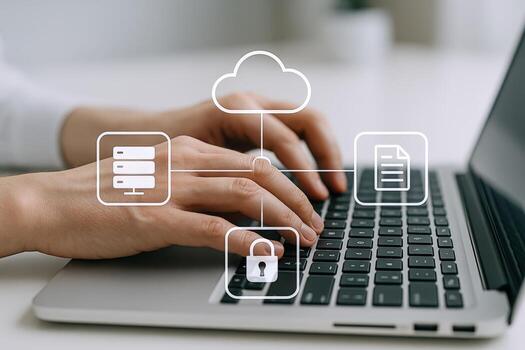 nube informática y la seguridad cibernética manos mecanografía en ordenador portátil teclado con red íconos cubrir foto
