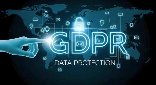 Data Protection Regulation Concept Hand Pointing to GDPR with World Map in the Background photo