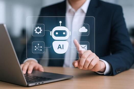 Artificial Intelligence Concept Businessman Interacting with a Virtual AI Assistant on a Transparent Digital Interface photo