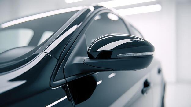 Sleek Black Car Exterior Close-Up Modern Automotive Design, Shiny Surface, Reflected Light in Studio Setting photo