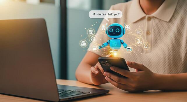 AI Chatbot Assistant on Smartphone Woman Interacting with Virtual Support for Customer Service and Automation photo