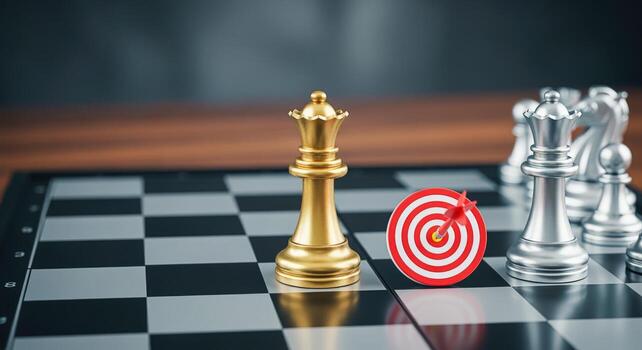 Strategic Chess Game with Queen and Target Symbolizing Business Strategy and Competitive Advantage photo