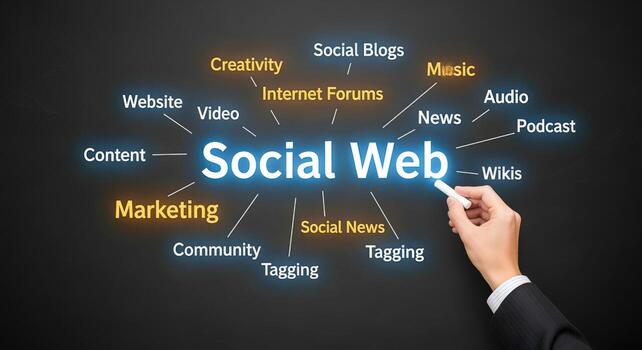 Social Web Concept Diagram with Hand Drawing Components on Black, Featuring Content, Community, Marketing, and Internet Forums photo