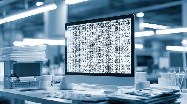 Modern Office Workspace with Computer Displaying Data Analysis, Paper Stacks, and Work Tools in Blue Tone photo