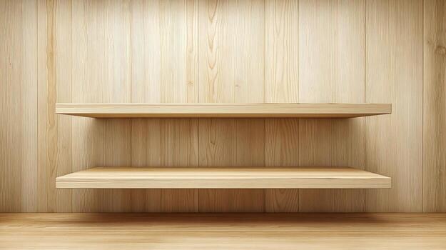 vacío ligero madera estantería en pareo madera pared fondo, ideal para producto maquetas y muestra foto