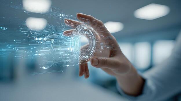 Futuristic Technology Interface Human Hand Interacting with Digital Hologram in Modern Environment photo