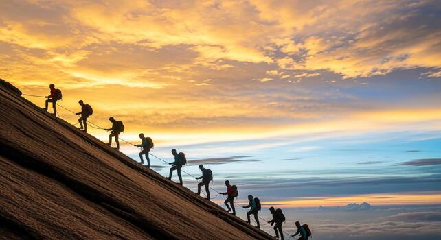 Silhouette of team climbing mountain during sunset, representing success, teamwork, challenge, motivation, and achievement photo
