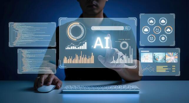 futurista ai interfaz masculino manos interactuar con virtual realidad tablero mostrando datos y gráficos foto