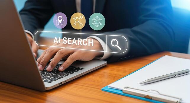 AI Search Concept Businessman Using Laptop with AI Search Bar and Icons on Screen photo