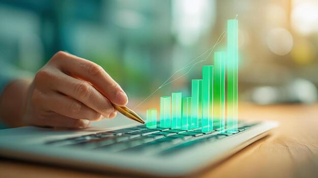 crecimiento gráfico en ordenador portátil pantalla desplegado con bolígrafo, representando negocio éxito y financiero crecimiento foto
