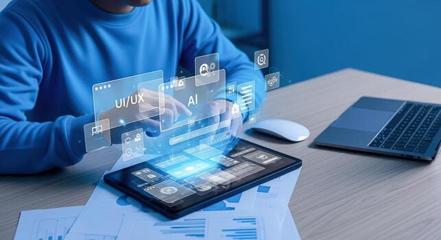 Person Interacting with a Digital Interface on a Tablet, Displaying UIUX and AI Concepts for Modern Technology photo