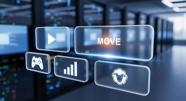 Futuristic Server Room Interface with Holographic Buttons for Play, Move, Network, and Sheep Actions photo