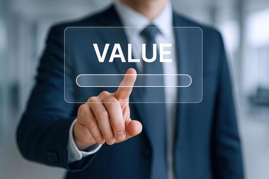 Businessman Interacting with a Virtual Touchscreen Display, Focusing on Value in a Modern Office Environment photo