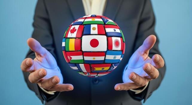 Global Business Concept Man Holding a Sphere Composed of National Flags, Symbolizing International Relations photo