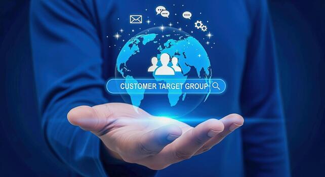 Customer Target Group on a Globe Held by Person Marketing and Business Growth Strategy photo