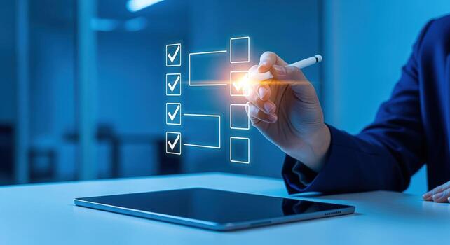 Businesswoman Completing Checklist with Digital Pen on Tablet for Project Management and Task Completion photo