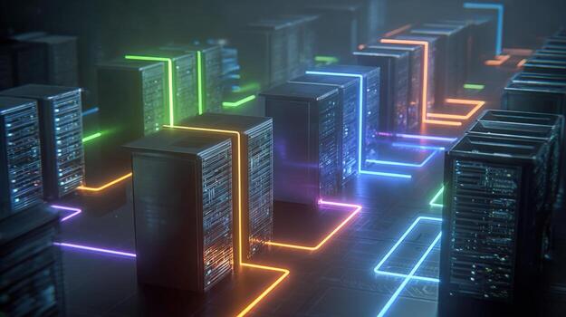 Data center servers with glowing neon connections providing information technology infrastructure for modern business photo