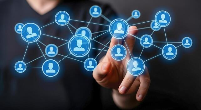 Person Touching Digital Network Interface Social Connection, Communication, and Data Exchange Technology Concept photo