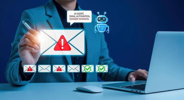 Cybersecurity Analyst Investigating Email Threat Automation with AI, Preventing Phishing Attacks and Data Breaches on Laptop photo