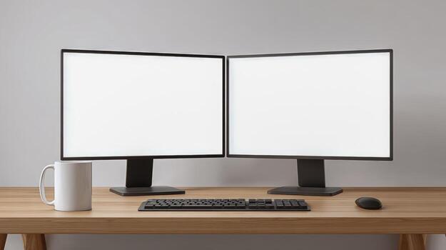Dual Monitor Mockup with Blank Screens on Wooden Desk for Modern Office Workspace photo