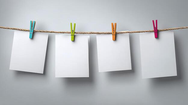 Four Blank White Cards Hanging from a Twine with Colorful Clothespins Offering Space for Text photo
