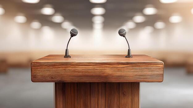 Empty Wooden Podium with Microphones in a Large Hall, Ideal for Public Speaking and Presentations photo