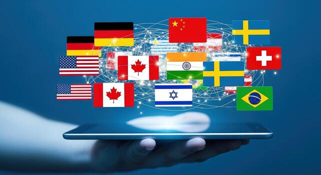 Global Communication Hand Holding Tablet Displaying International Flags, Representing Globalization, Connection, and Worldwide Business photo
