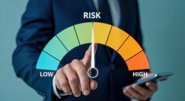 Risk Assessment Concept Businessman Analyzing Risks with Color-Coded Indicator Showing from Low to High Level photo