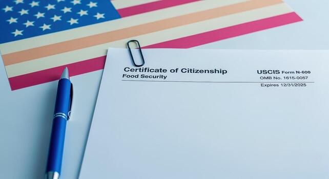 Certificate of Citizenship Document with USA Flag Immigration Paperwork for Citizenship and Application Process photo