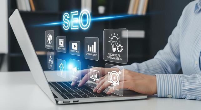 mujer de negocios optimizando seo estrategia en computadora portátil, mejorando en línea visibilidad y contenido actuación para aumentado tráfico foto