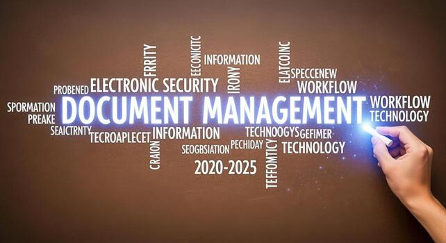 Document Management Word Cloud Concept on Dark Background Illustrating Information Technology and Workflow Solutions photo