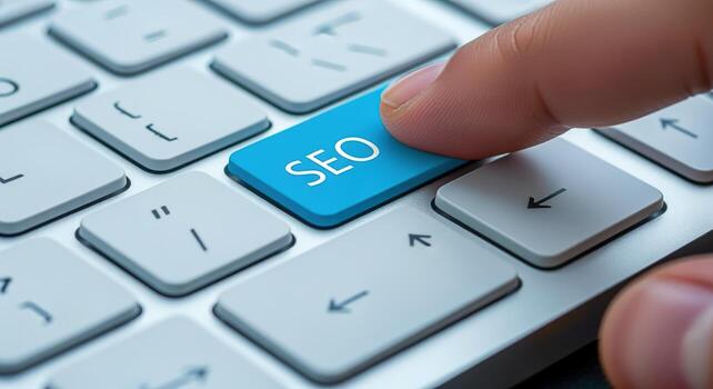 Pressing SEO Button on Keyboard for Search Engine Optimization Strategies and Website Ranking Improvement photo
