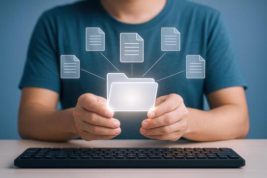 Digital Document Management Concept Person Holding Virtual Folder with Connected Files, Data Storage and Technology photo
