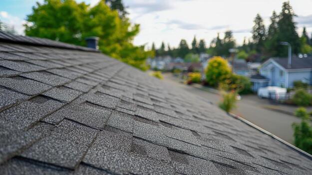 Residential Roof with Asphalt Shingles Close-Up Showing Texture and Pattern with a Neighborhood View photo