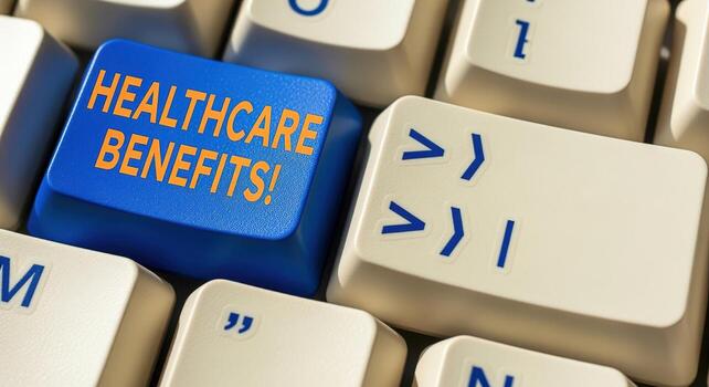 Healthcare Benefits Computer Keyboard Key Online Access to Medical Coverage and Employee Benefits photo
