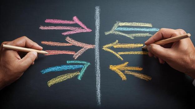 Decision Making Concept Hands Drawing Colorful Arrows Converging to and Diverging from a Central Line photo