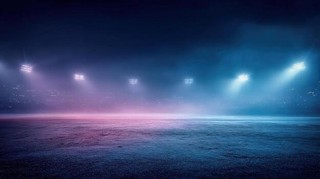 Atmospheric Stadium Field at Night with Illuminated Floodlights and Dramatic Fog Effects for Sporting Events photo