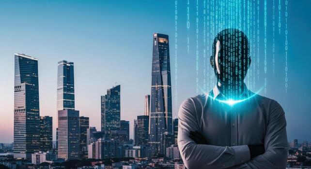 Abstract Futuristic Man with Digital Binary Code Overlay, Standing Before Modern Cityscape, Concept for Artificial Intelligence photo