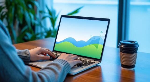 Person Using Laptop with Abstract Background and Coffee Cup on Wooden Table photo