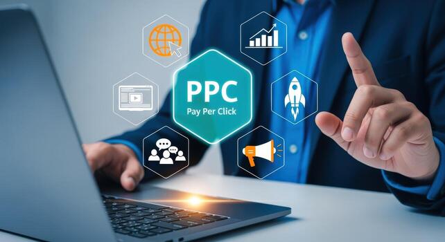 PPC Advertising Strategy Businessman Visualizing Pay Per Click Marketing Success and Optimizing Online Campaigns for Business Growth photo