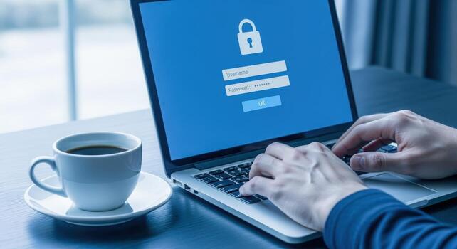 Secure Login on Laptop with Coffee Cup Cyber Security and Data Protection Concept photo