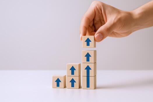 Growth Concept Hand Stacking Wooden Blocks with Arrow Symbols, Representing Business Success and Development photo